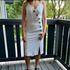 Popular Basics Button Front Wrap Cami Black & White Stripe Midi Dress Women's S